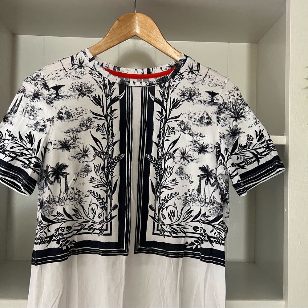 Tory Burch White & Navy Pima Cotton Short Sleeve Scoop Neck Plant Print Top - Picture 3 of 7